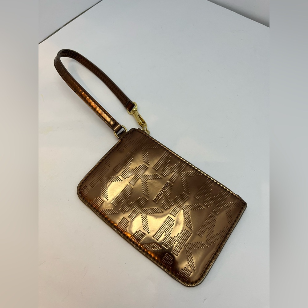 Michael Kors metallic wristlet Jet Set pouch shiny bronze copper Sig MK logo